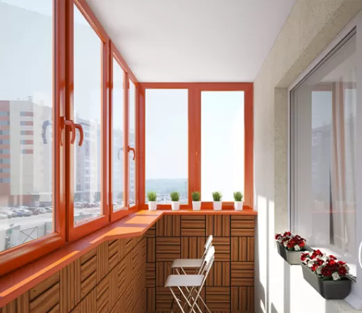 Теплое остекление балкона с окраской в оранжевый в Зеленограде